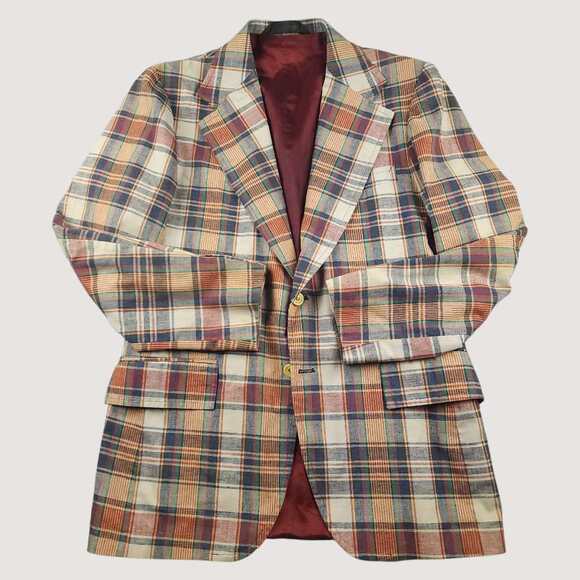 Vtg 70s Indian Madras Plaid Sport Coat Jacket Mens 42L Wide Lapel Ivy Prep Sack - Picture 1 of 10